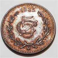1935 MEXICO 5 CENTAVOS - Bronze Mint State Toner!!