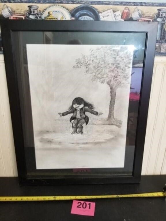 Girl Playing In Rain Graphite Drawling  - Michael