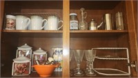 Cabinet lot of misc cups cannisters glasses &more