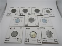 10 US Word War II Steel Pennies (P,D,S)