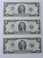 3 TWO DOLLAR BILL SEQUENTIAL NUMBERS