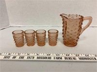 Miniature pink hobnail pitcher and 4 glasses