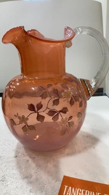 Pink Opalescent Hand Pitcher Hand Painted