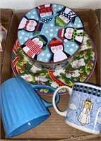 Christmas plate, 2 cups and cookie tin