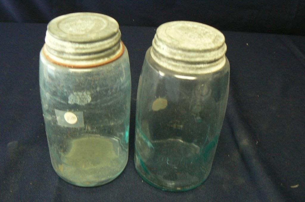 TWOANTIQUE GREEN BALL MASON JARS