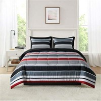 Red Stripe Reversible Comforter Set  Queen