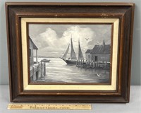 Harbor Scene Nautical Oil Painting on Board