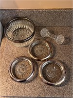 Silver plate coasters glass bowl & glass rest