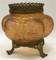 Iridescent Art Glass & Brass Footed Bowl