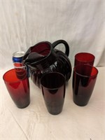 Ruby Red Ball Pitcher w 4 Tumblers