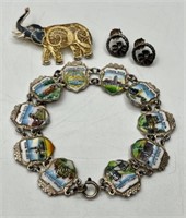 Sterling Bracelet, Earrings & Elephant Brooch