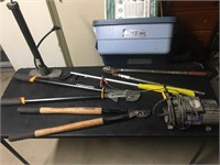 Collection of garden hand tools & bike pumps