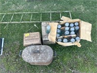VINTAGE METAL TUB/CRATE WITH 2 BOXES OF BALL GLASS