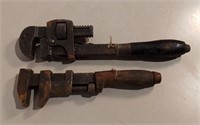 Two Wood Handled Pipe Wrenches