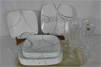 Partial Set of Corelle Dishes and 6 Crystal Stemwa