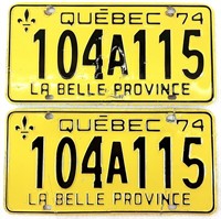 2 plaques d'immatriculation identiques QUÉBEC 1974