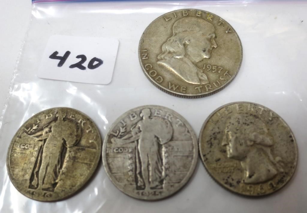 4 - silver coins, Franklin half, 3 quarters