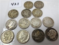 13 - silver dimes, 5 Mercury, 8 Roosevelt