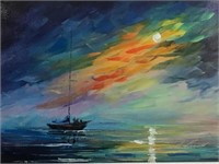 Signed Acrylic Seascape & Boat Painting