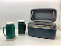 Vintage cosmetics travel case and 2 thermos.