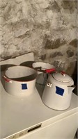 Enamel-ware-2 pots and a kettle