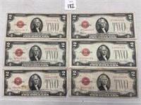 1928 SERIES $2.00 RED NOTES FAIR CONDITION X 6