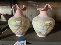 2-Hand Painted Fenton Burmese Vases