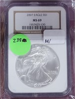2007 SILVER EAGLE $1 COIN - GRADED MS69