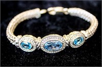 Sterling Silver Bracelet w Diamonds & Blue Stones