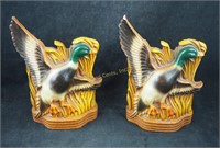 Two 9" Solid Ceramic Painted Mallard Duck Bookends
