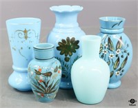 Painted Opaque Blue Glass Vases / 5 pc