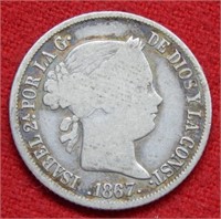 1867 Philippines Silver 20 Centavos - Isabel Comm