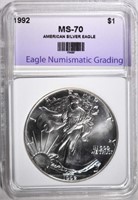 1992 AMERICAN SILVER EAGLE, ENG PERFECT GEM BU