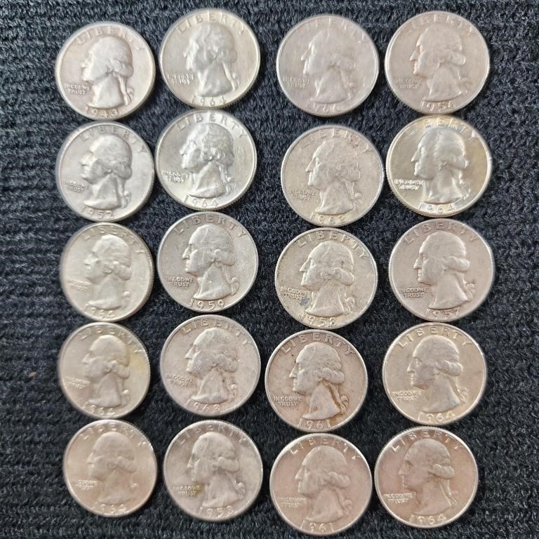 20 Washington Silver Quarters, D Mint Mark, 90%