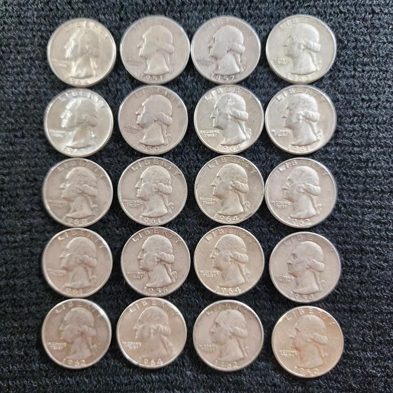 20 Washington Silver Quarters, D Mint Mark, 90%