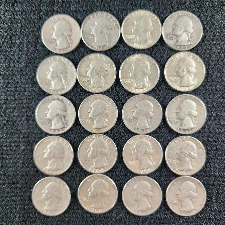 20 Washington Silver Quarters, D Mint Mark, 90%