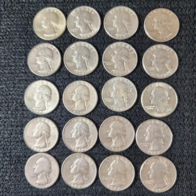 20 Washington Silver Quarters, D Mint Mark, 90%