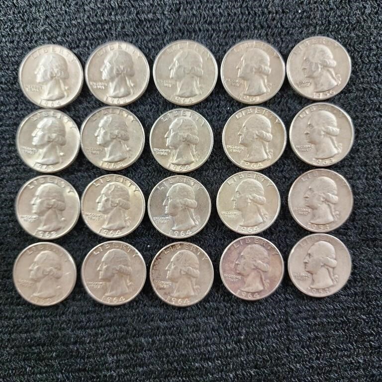 20 Washington Silver Quarters, D Mint Mark, 90%