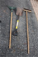 Metal leaf rake, square shovel and 14" push broom