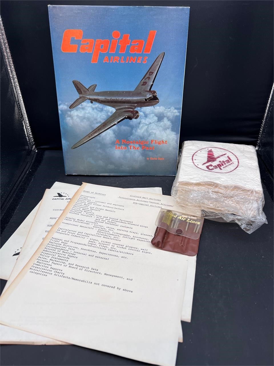 Vintage capital airlines book, napkins letters