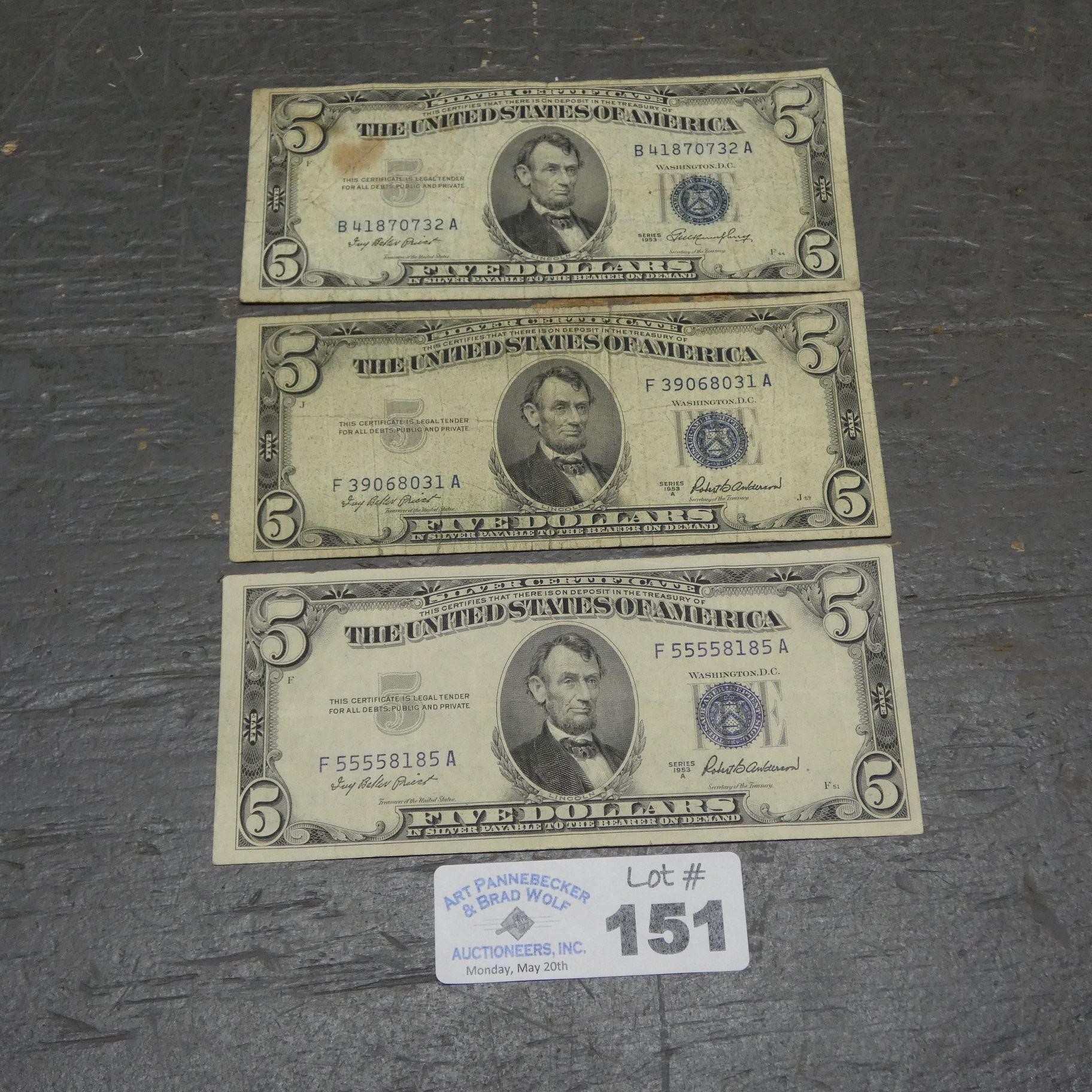 (3) 1953 Series $5 Silver Certificate Bills