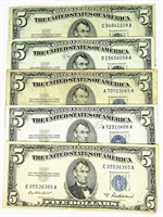 (5) 1953 $5 RED SEAL UNITED STATES NOTE