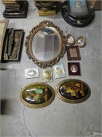 Framed Prints, Ornate Mirror, and Framed Enamel