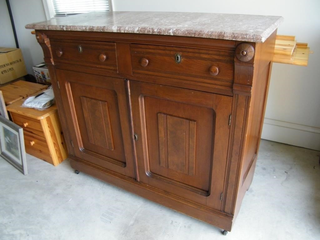 ANTIQUE ROUGE MARBLE TOP WALNUT SIDEBOARD