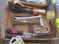 Box w/C-clamp, 3/8 ratchet, vise grips, misc