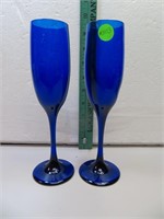 2 Cobalt Blue Libby Glass Champagne Flutes 8&3/4"