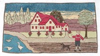 Hooked Rug of House, Boy, Dog & Geese