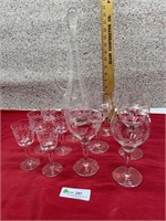 Etched Glass Decanter & Glasses
