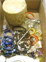 Box Lot of Costume Jewelry and Small Drum