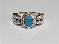 Sterling Silver NA Motif Turquoise & Enamel Ring